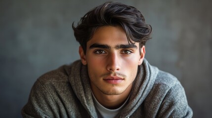 Fototapeta premium Young man in a casual outfit gazing directly at the camera, exuding a relaxed and approachable vibe. This versatile young man portrait offers ample copy space for creative use.