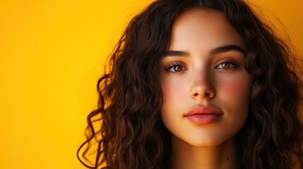 Naklejka premium Close-up portrait of a woman against a vibrant yellow background, highlighting her expression and features, with ample copy space for text and design elements.
