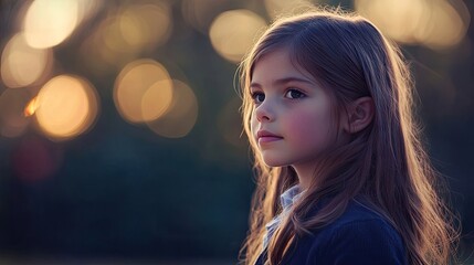 Naklejka premium A schoolgirl stands in the twilight, backlit by gentle light, creating a soft bokeh effect. This enchanting schoolgirl image captures a serene atmosphere with ample copy space.