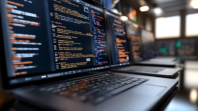 Rows of laptops with coding screens.