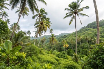 Naklejka premium Leafy Greenery Seamless Background with Coconut Trees, natural scenery, outdoor setting, tropical landscape, floral patterns, watercolor artwork