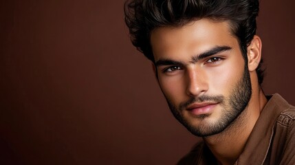 Obraz premium Portrait of a handsome young man against a rich brown backdrop, emphasizing the young mans features and charm. The composition allows for ample copy space around the handsome young man.