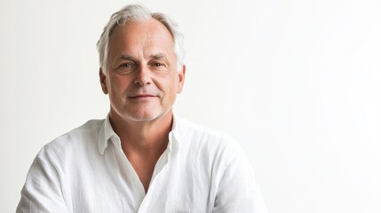Obraz premium Caucasian senior man in a white shirt positioned against a white background, offering a clean and clear view suitable for various contexts, with ample copy space.