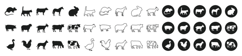Farm Animals Black and White Icon Set