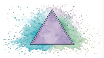 Light purple watercolor rounded triangle in a stylized abstract pattern with splashes of blue and green, triangles, surreal illustrations