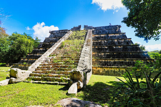 The Ossuary Pyramid built over a natural cave where offerings and sacrificial bones were found in the older of  Chichen Itza,masterpiece of the Maya civilization,10th cent AD,Yucatan,Mexico