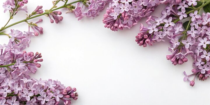 Lilac blooms arranged in a loose organic pattern on a plain white background, effortless placement, blooming flowers, natural arrangement, garden scene, spring bouquet