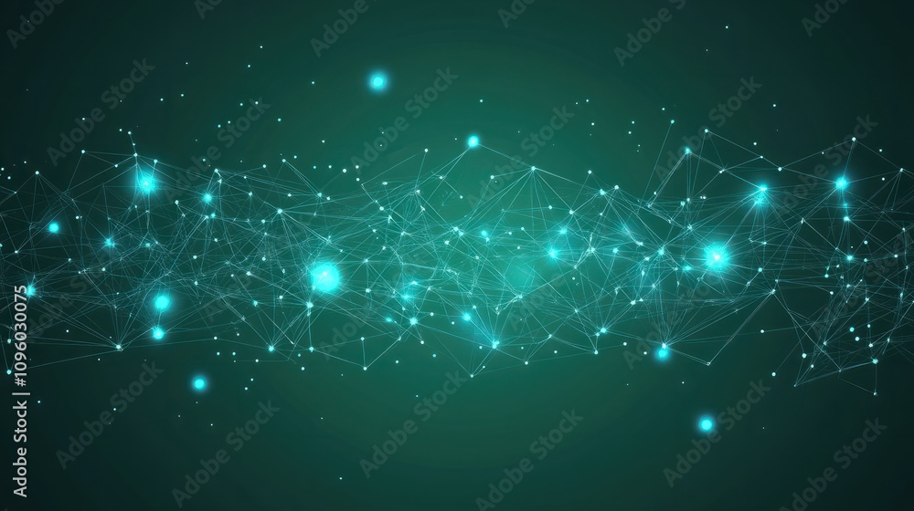 Poster abstract green digital network background with futuristic connections and glowing dots. concept of t