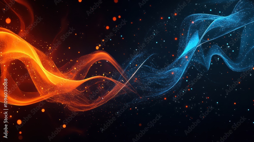 Poster abstract glowing 3d data visualization with orange and blue lines and dots on a dark background.