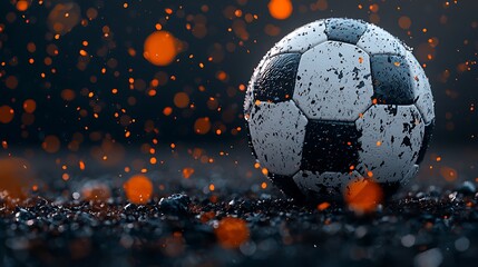 Close-Up View of a Water-Drenched Soccer Ball Surrounded by Vibrant Orange Splashes on a Dark Surface with Dramatic Lighting Effects
