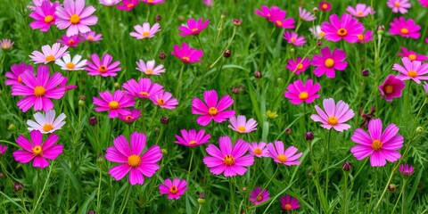 Obraz premium Lush green field with cosmos flowers in various shades of pink and purple, purple cosmos flowers, serene scene