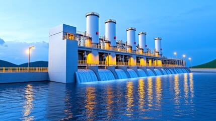 Hydroelectric Dam Power Generation at Dusk 