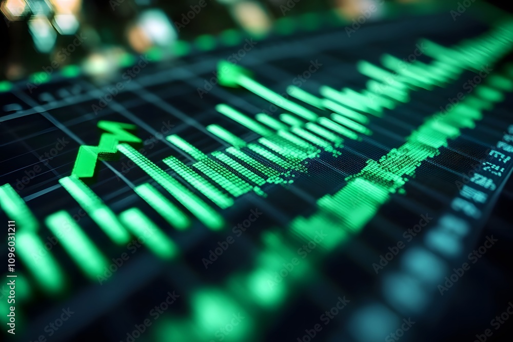 Poster a digital stock market chart displaying green upward trends and data points.