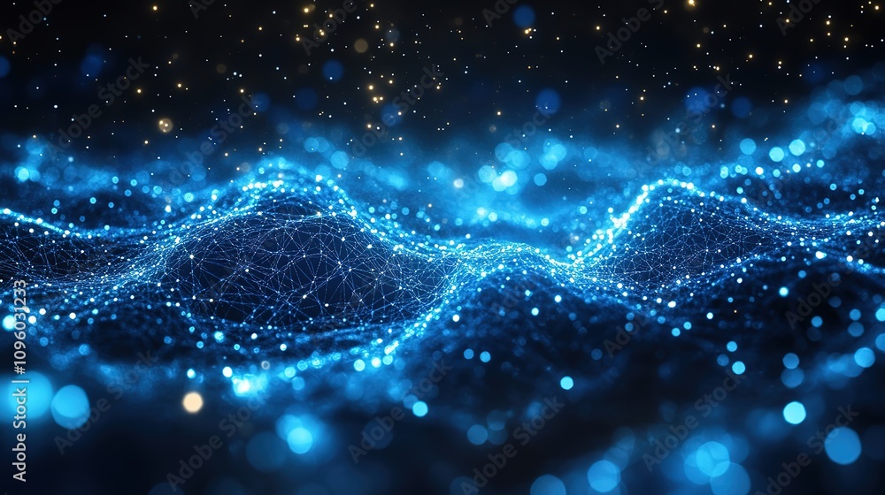 Poster abstract illustration featuring plexus blue geometrical shapes, representing connection and web conc