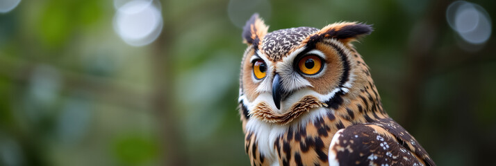 Fototapeta premium An owl with orange and black feathers and bright yellow eyes.