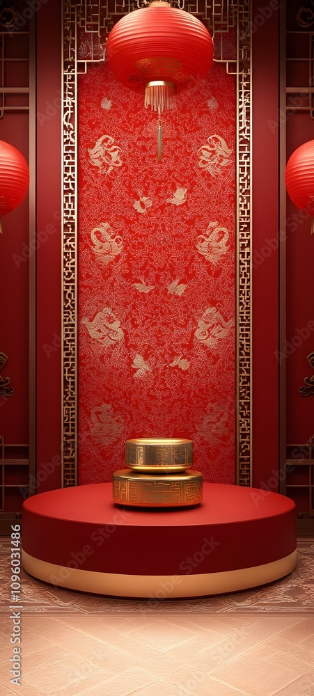 Poster a traditional red podium with gold ingots and intricate chinese patterns, framed by soft lantern lig