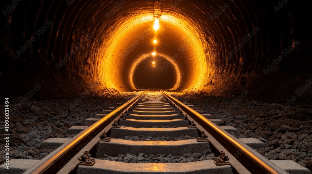 Aufkleber tunnel of light: a railroad track disappears into a dimly lit tunnel, with the only light source bei