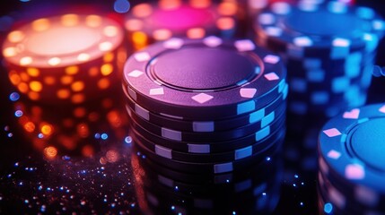 A close-up of colorful poker chips stacked on a reflective surface, evoking a gaming atmosphere.