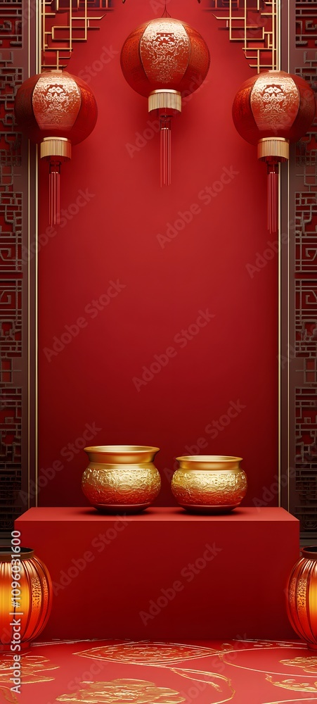 Poster a traditional red podium with gold ingots and intricate chinese patterns, framed by soft lantern lig