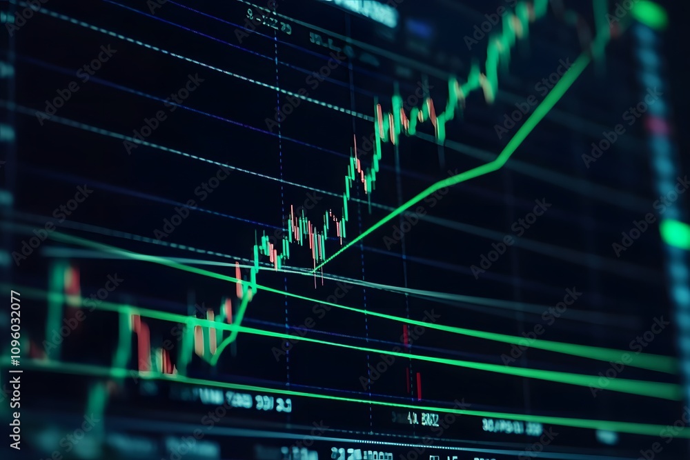 Poster a financial chart displaying an upward trend with green lines indicating support levels.