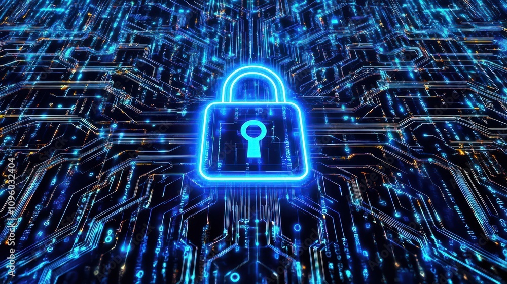 Aufkleber blue lock icon in cyber network data stream background for security technology protection concept