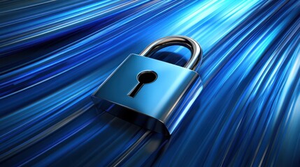 Blue lock icon in cyber network data stream background for security technology protection concept