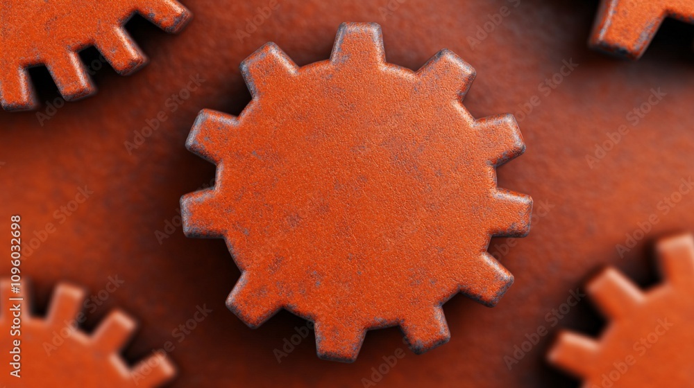 Poster rusty gears: a close-up shot of rusty gears interlocked, evoking a sense of industrial strength and 