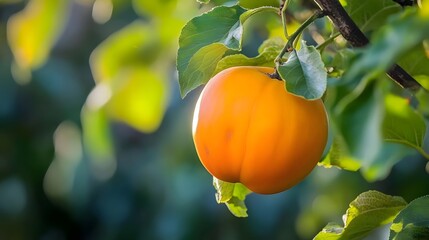 A ripe orange persimmon hanging from a branch amidst green leaves.