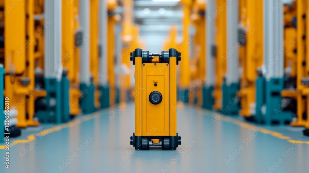Aufkleber autonomous revolution: a yellow robotic device stands in the heart of a futuristic factory, surround