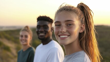 Fototapeta premium Students volunteering on international projects, forging meaningful bonds, embracing diverse cultures, soft light of dusk enveloping them in warmth.