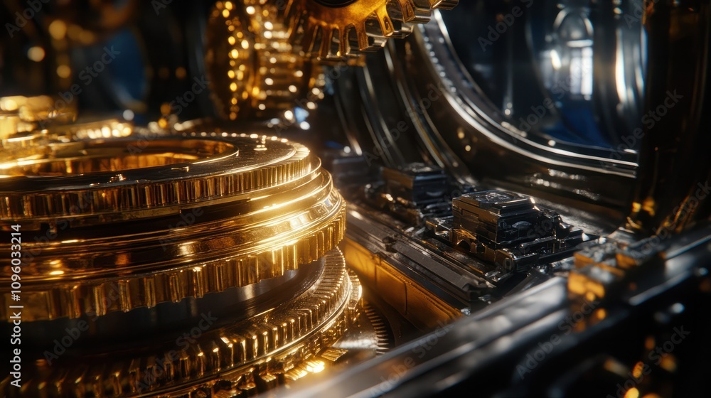 Poster close-up of golden gears turning on an industrial machine, symbolizing the power and complexity behi
