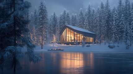 Fototapeta premium Nordic-inspired winter cabin surrounded by snow-draped pine trees, a frozen lake 