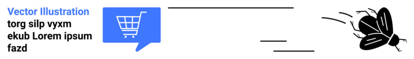 Blue speech bubble with shopping cart icon, black insect flying to the right, placeholder text. Ideal for shopping themes, ecommerce, marketing, online stores, viral effects, bugs, debugging. Landing