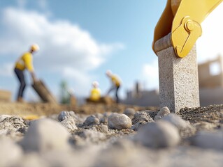 Construction site, laborers creating a robust base, city skyline, digital rendering.