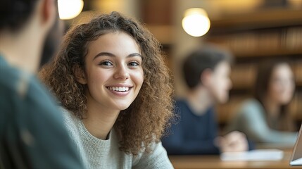 Diverse students exploring degree options together in a vibrant library, illuminated space, fostering teamwork and creativity.