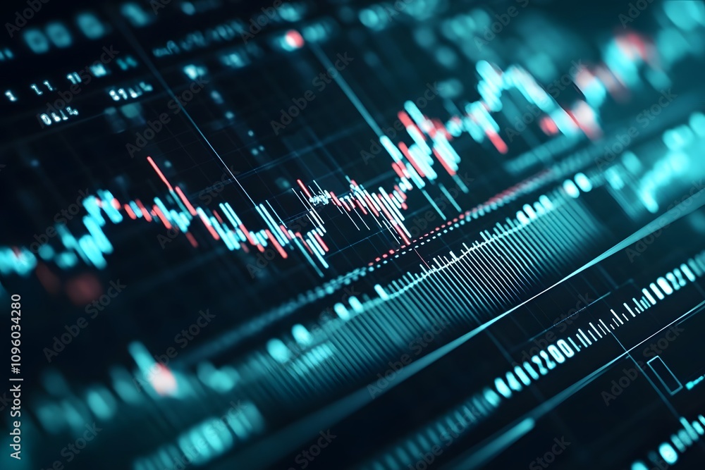Poster a digital stock market chart displaying fluctuating financial data patterns.