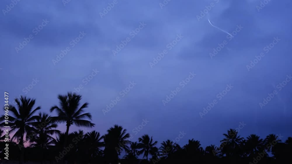 Poster as dusk settles, silhouetted palm trees create a striking outline against the colorful twilight sky,