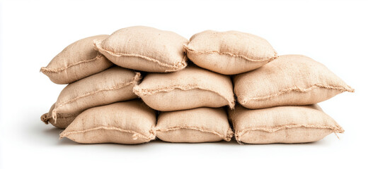 Stack of burlap sandbags for construction and flood prevention