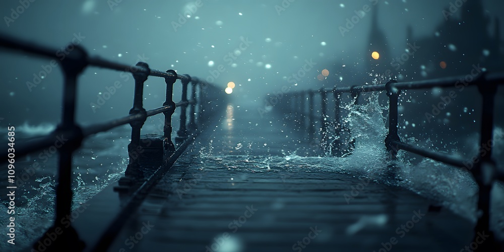 Aufkleber a misty pier scene with splashing waves and soft lights in a foggy atmosphere.