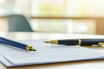 Higher Education Costs, theme of scholarship applications, composition of papers and pens, soft lighting.