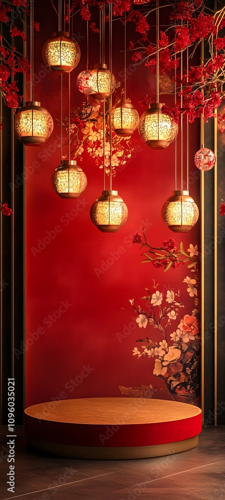 Poster a vibrant red and gold podium surrounded by hanging lanterns and floral patterns, with ample empty s