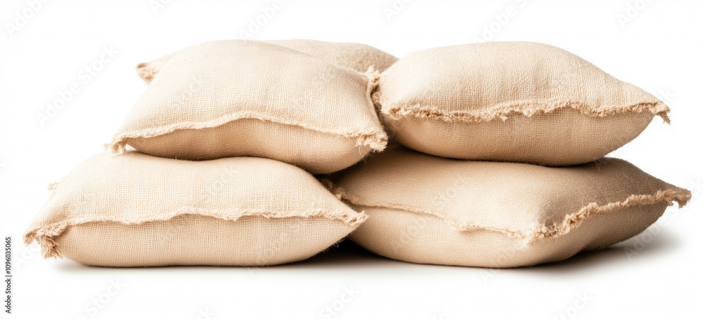 Poster stack of rustic burlap cushions on white background
