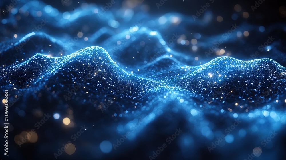 Poster abstract illustration featuring plexus blue geometrical shapes, representing connection and web conc