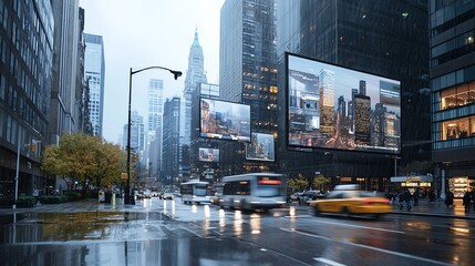 Obraz premium Rain-soaked city street with bustling traffic.