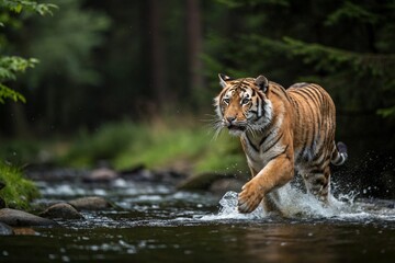 Amur tiger walking in river water. Danger animal, tajga, Russia. Animal in green forest stream. Grey stone, river droplet. Siberian tiger splash water. Tiger wildlife scene, wild cat, nature habitat