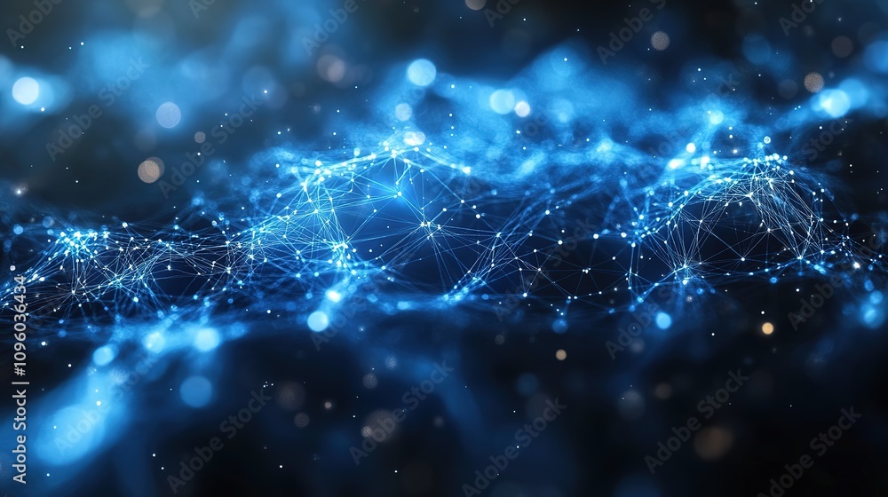 Poster abstract illustration featuring plexus blue geometrical shapes, representing connection and web conc