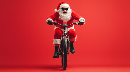 Photo of fat santa claus role man rushing newyear x-mas theme party by bicycle cool modern style wear sun spectacles trousers hat red background merry Christmas holiday concept delivery courier