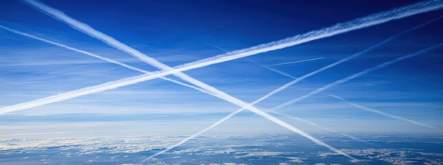 Stunning aerial view of contrails crisscrossing a vibrant blue sky above a blanket of clouds.  Perfect for travel, aviation, or environmental themes.