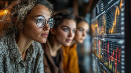 Three women intently observing data charts on a screen, likely analyzing market trends.