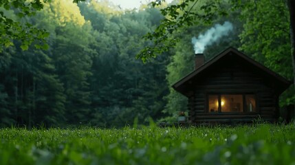 Cozy log cabin nestled in a lush green forest setting, showcasing a tranquil atmosphere with smoke rising from the chimney and nature's vibrant beauty surrounding it.